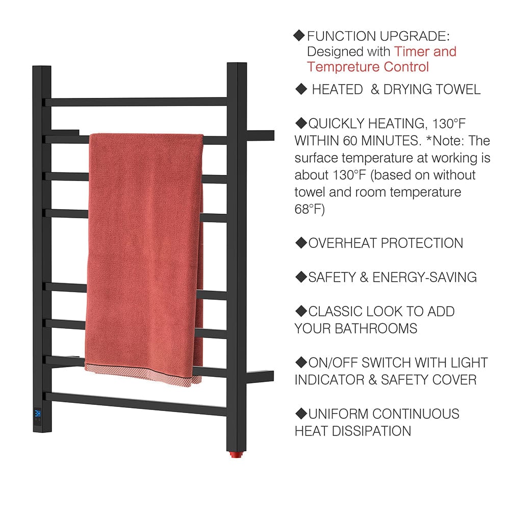 24" Tall 8 Square Bar Towel Warmer with Built-In Timer and Temperature Control Wall-Mount Plug-in/Hardwired