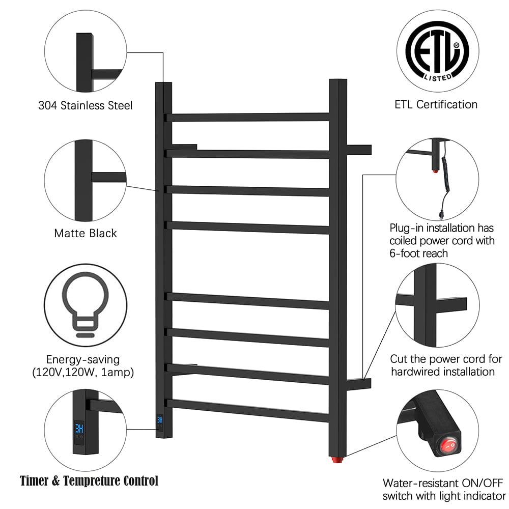 24" Tall 8 Square Bar Towel Warmer with Built-In Timer and Temperature Control Wall-Mount Plug-in/Hardwired
