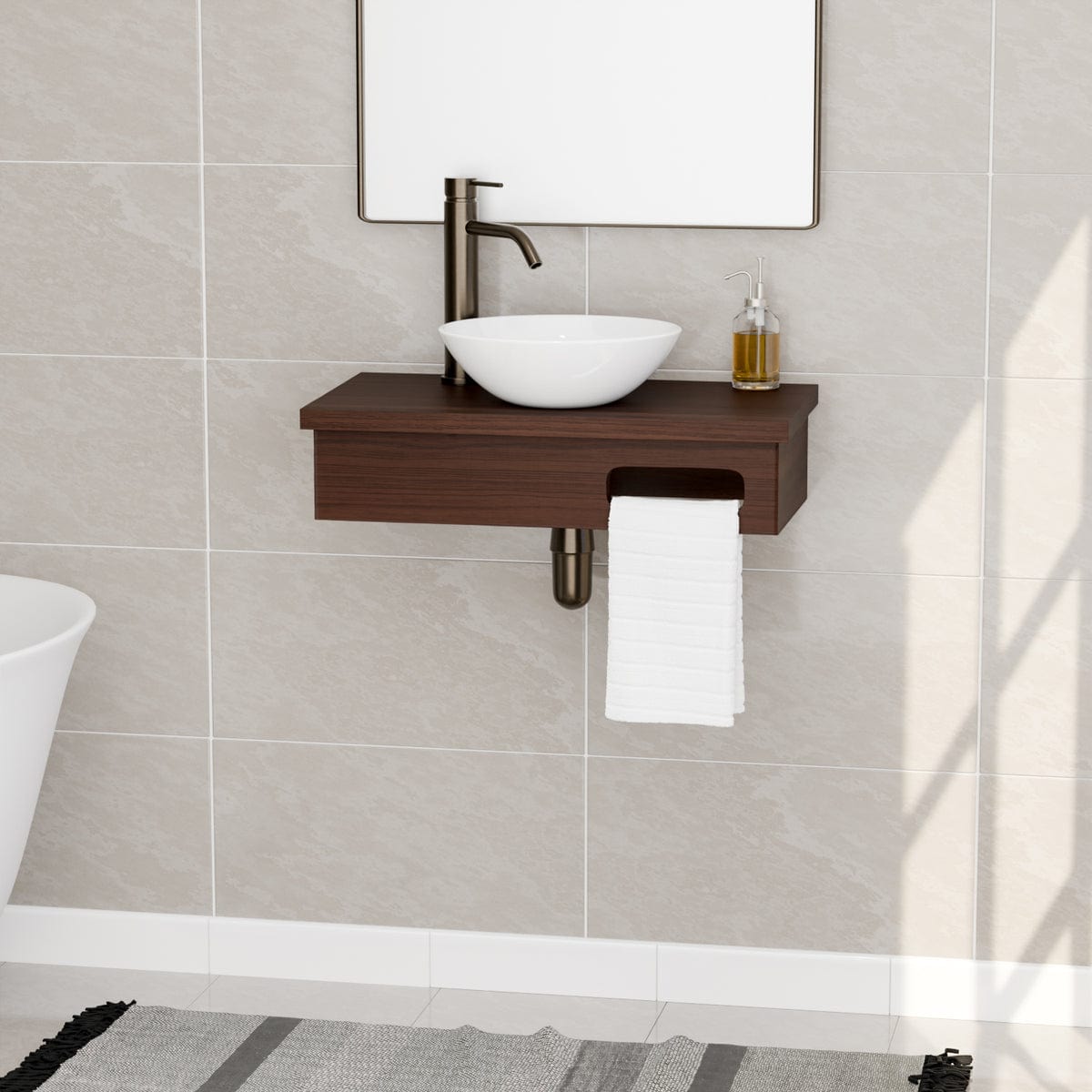 24" Thaxton Teak Wall-Mount Vessel Vanity with Towel Bar - Dark Antique