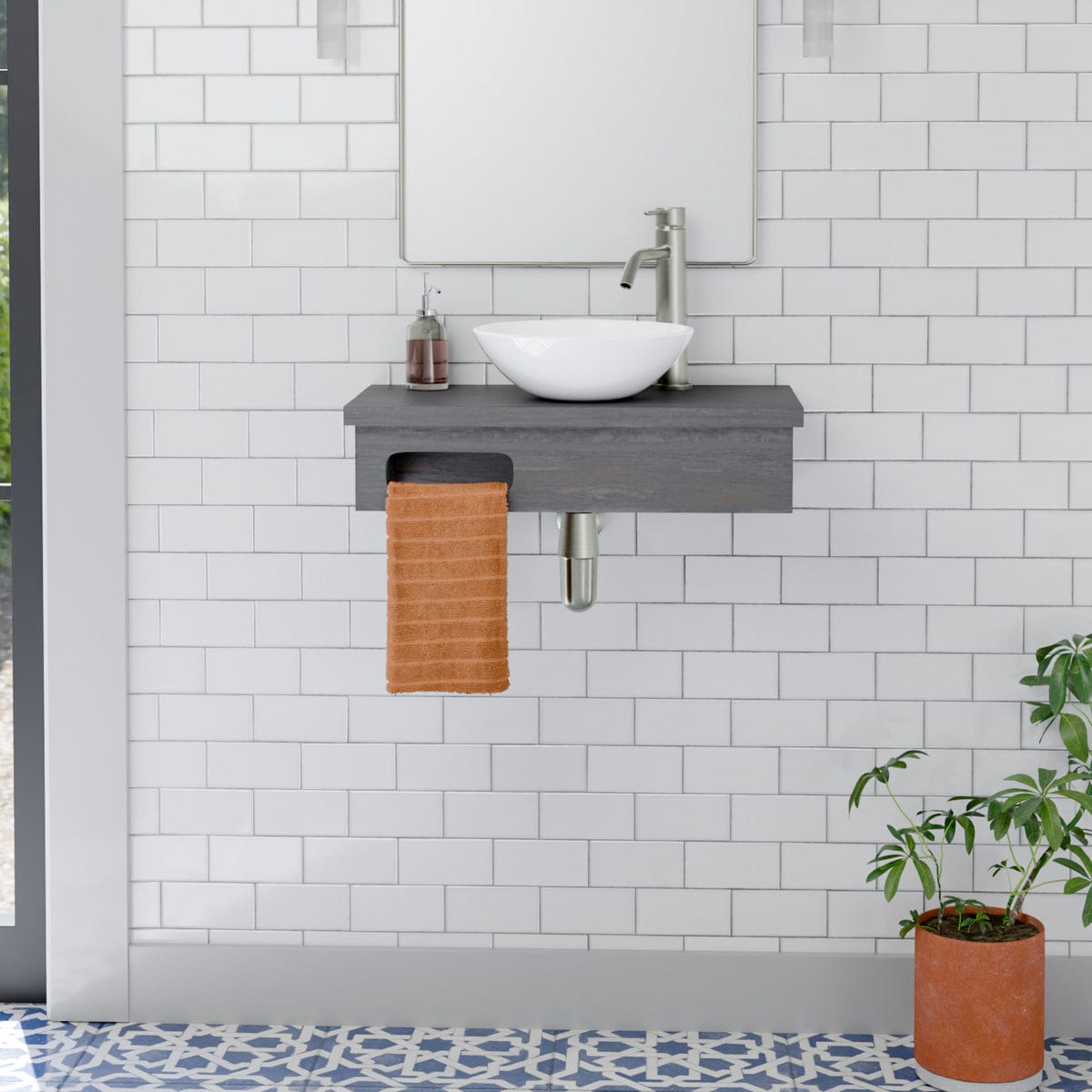 24" Thaxton Teak Wall-Mount Vessel Vanity with Towel Bar - Gray Wash