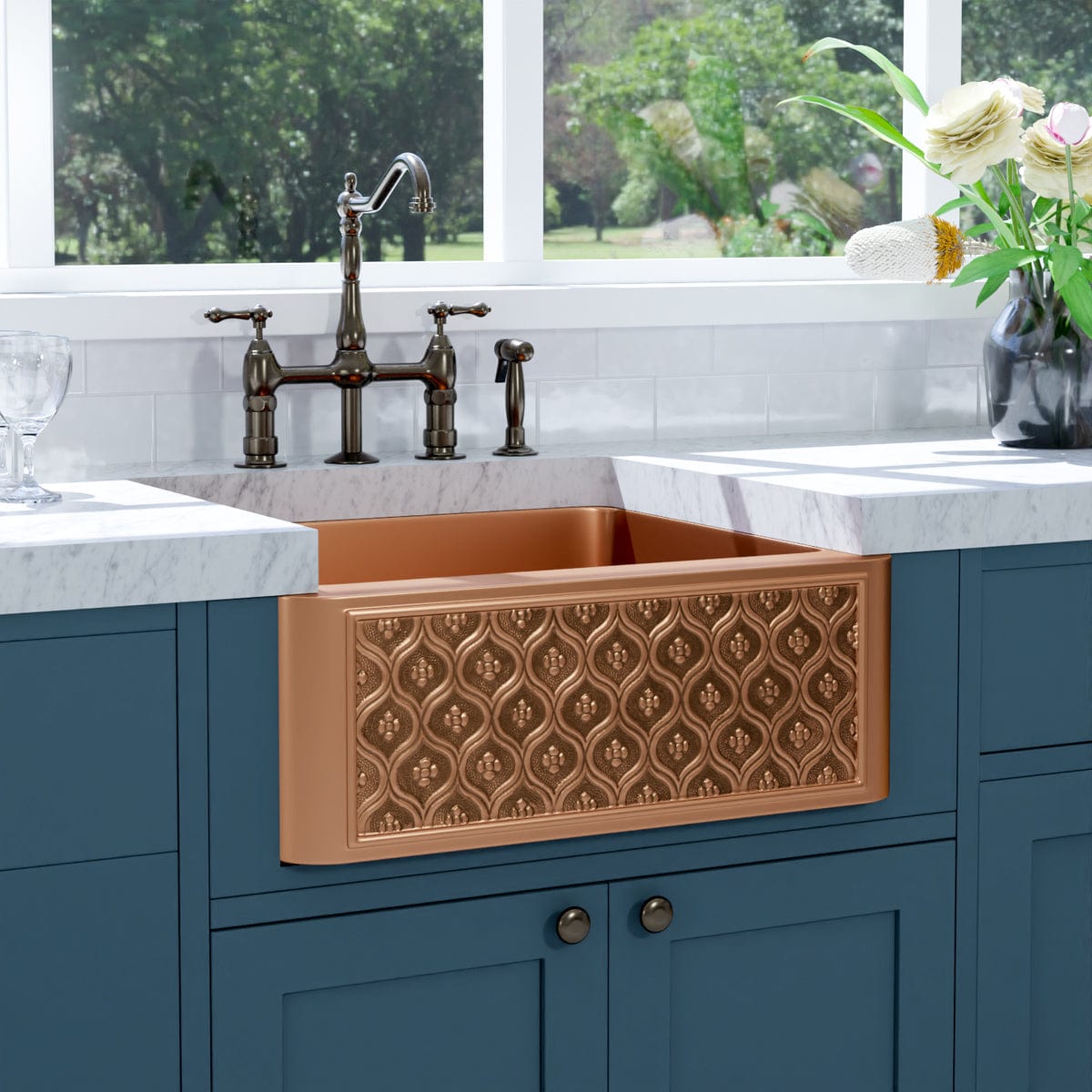 25" Gancher Copper Embossed Floral Design Single-Bowl Farmhouse Sink