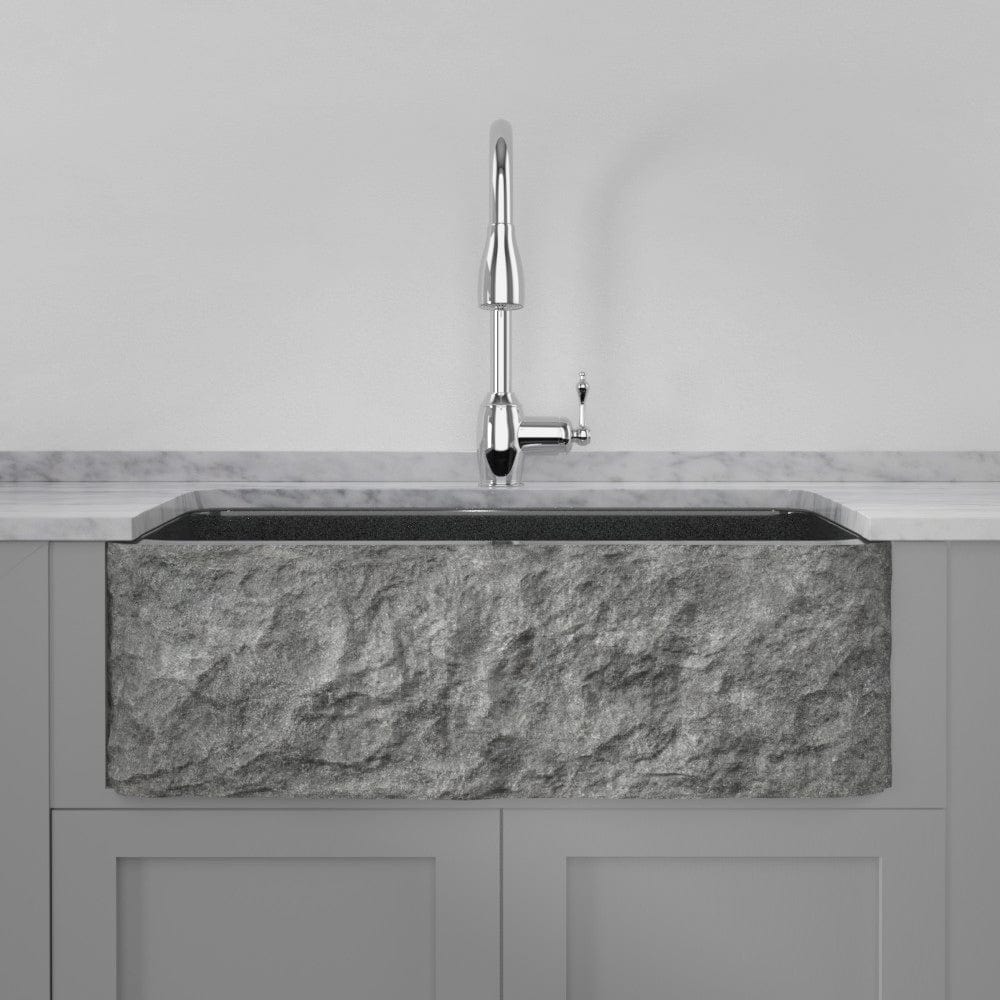 30" Buford Polished Black Granite Single-Bowl Farmhouse Sink - Chiseled Apron