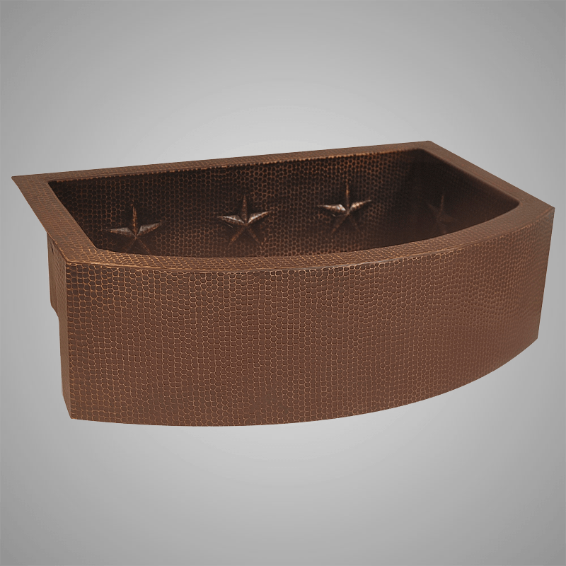 30" Ezencor Hammered Copper Curved Apron Single-Bowl Farmhouse Sink - Interior Star Design