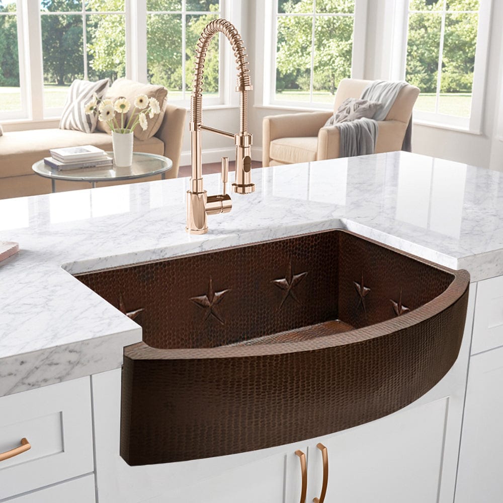 30" Ezencor Hammered Copper Curved Apron Single-Bowl Farmhouse Sink - Interior Star Design