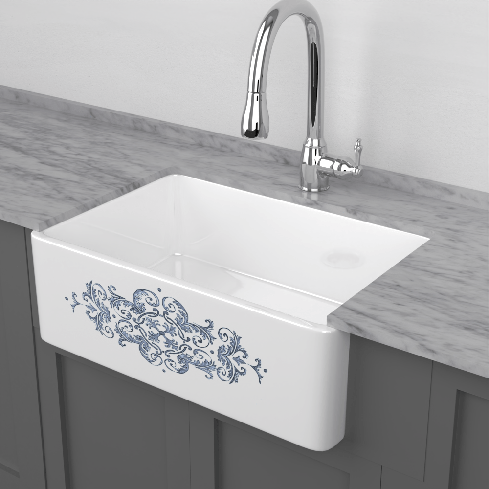30" Fazio Handcrafted Fireclay Single-Bowl Blue Floral Motif Farmhouse B-Grade Sink - White