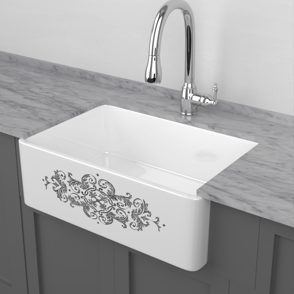 30" Fazio Handcrafted Fireclay Single-Bowl Grey Floral Motif Farmhouse B-Grade Sink - White