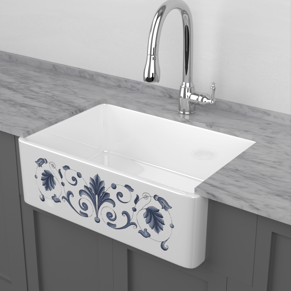 30" Furio Handcrafted Fireclay Single-Bowl Tuscany Motif Farmhouse B-Grade Sink - White