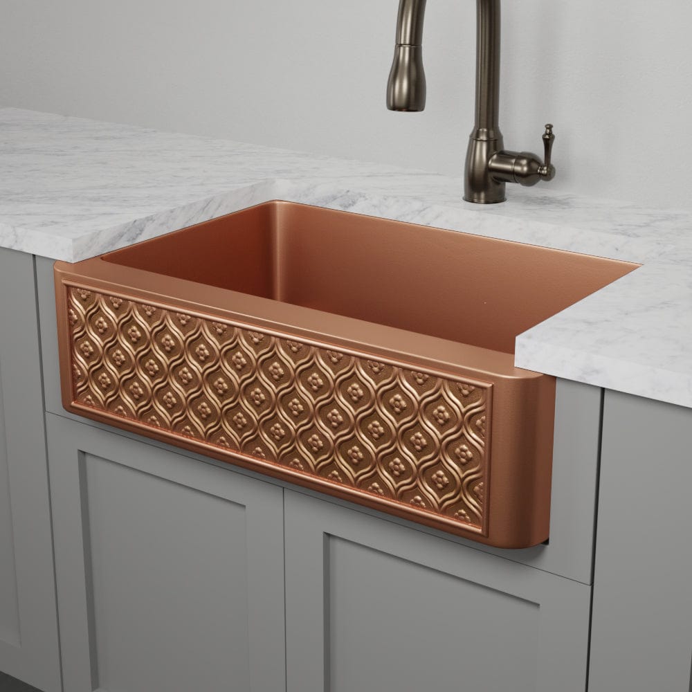 30" Gancher Copper Embossed Floral Design Single-Bowl Farmhouse Sink