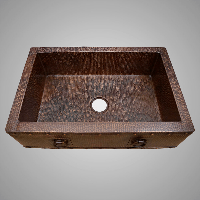 30" Gargencod Hammered Copper Single-Bowl Farmhouse Sink with Rings and Riveted Bands
