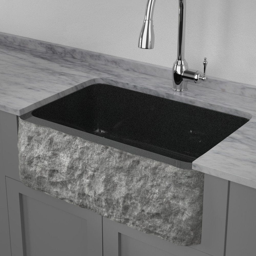 30" Kennesaw Polished Blue Gray Granite Single-Bowl Farmhouse Sink - Chiseled Apron