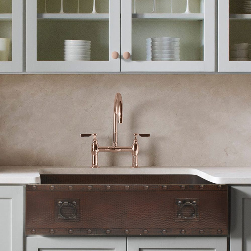 30" Narrow Gargencod Hammered Copper Single-Bowl Farmhouse Sink with Rings and Riveted Bands