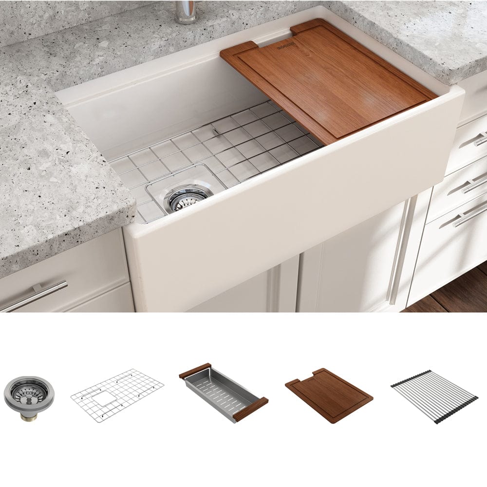 30" Scanley Fireclay Single-Bowl Workstation Farmhouse Sink with Offset Drain