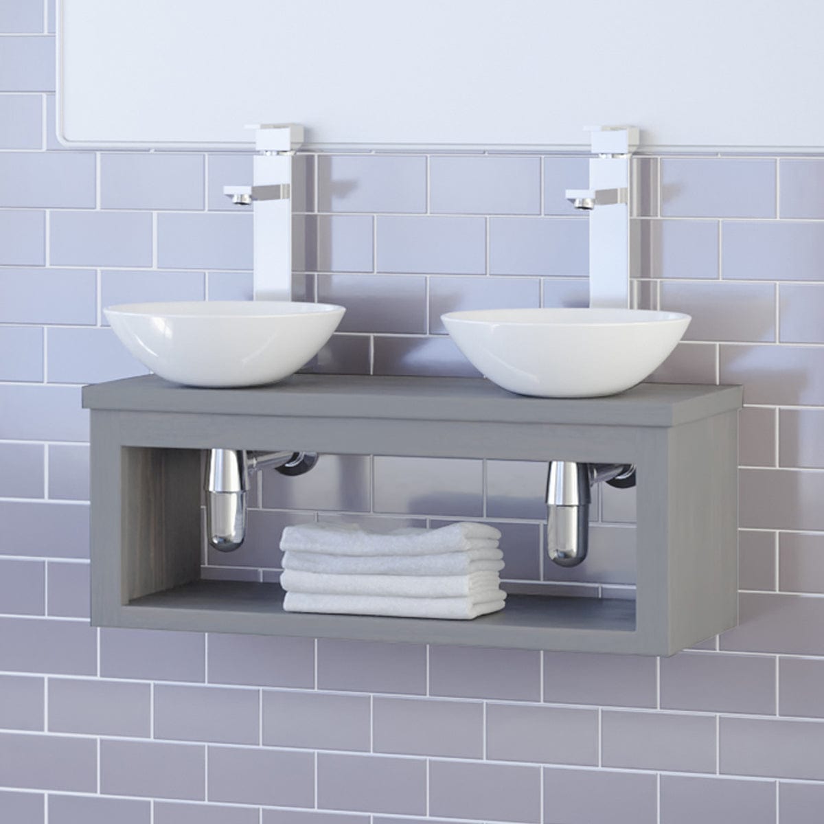 30" Thanesta Teak Wall-Mount Double Vessel Sink Vanity with Shelf - Gray Wash
