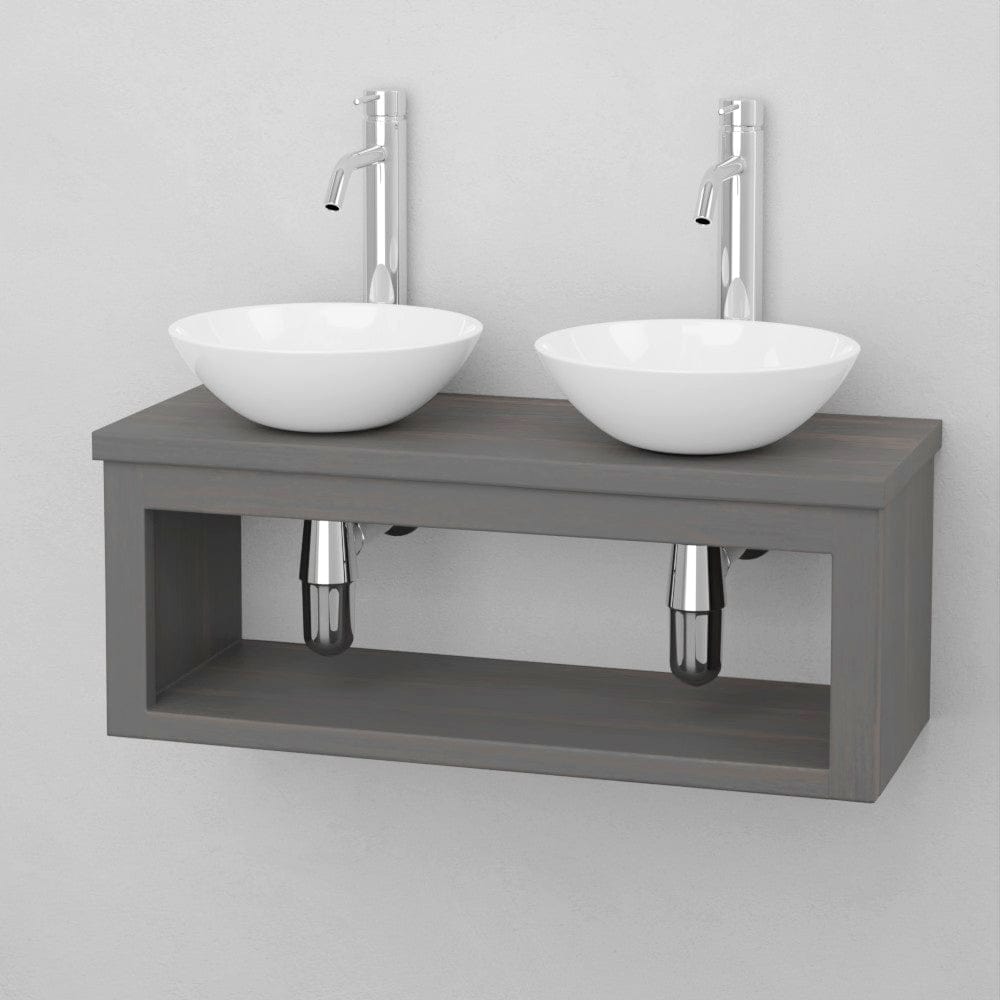 30" Thanesta Teak Wall-Mount Double Vessel Sink Vanity with Shelf - Gray Wash