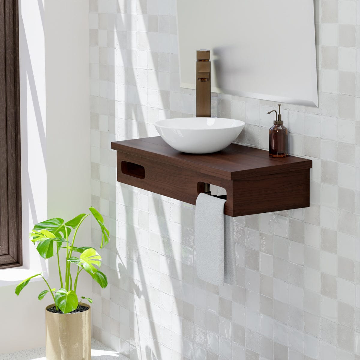 30" Thaxton Teak Wall-Mount Vessel Vanity with Double Towel Bars - Dark Antique