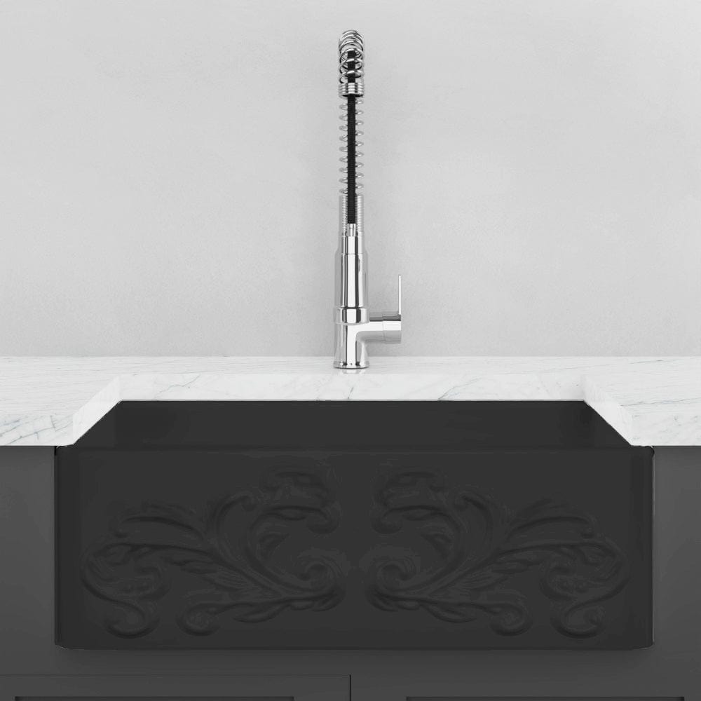 30" Una Handcrafted Fireclay Single-Bowl Foliage Apron Farmhouse B-Grade Sink - Matte Black