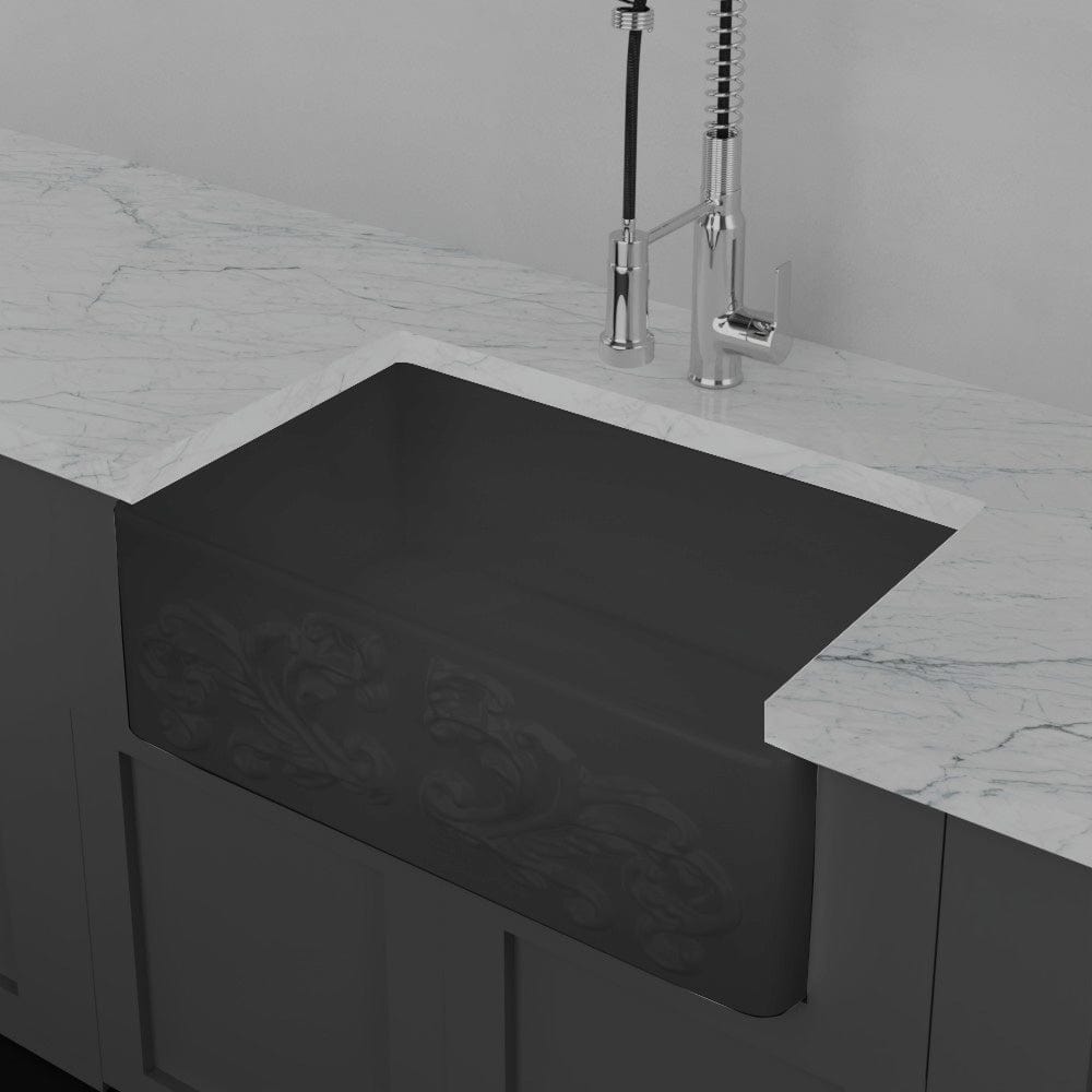 30" Una Handcrafted Fireclay Single-Bowl Foliage Apron Farmhouse B-Grade Sink - Matte Black
