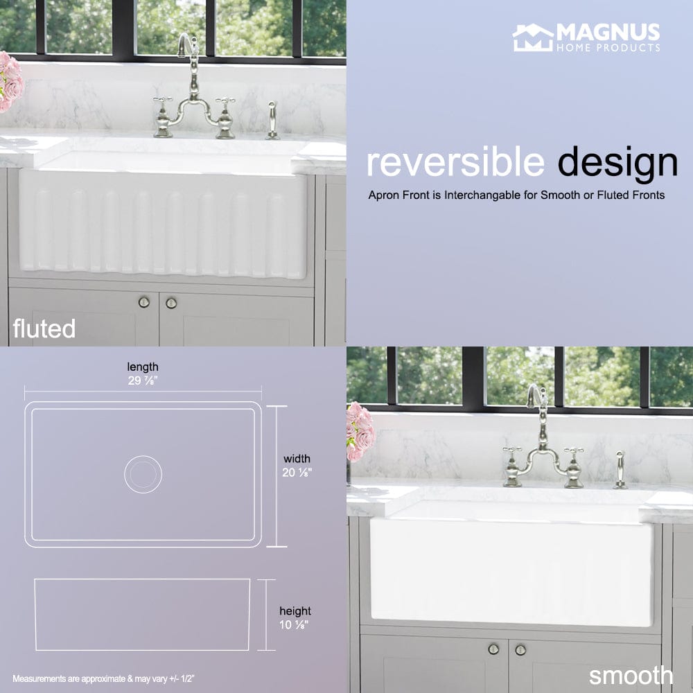 30" Yuki Fireclay Fluted Apron Single-Bowl Farmhouse Sink - White
