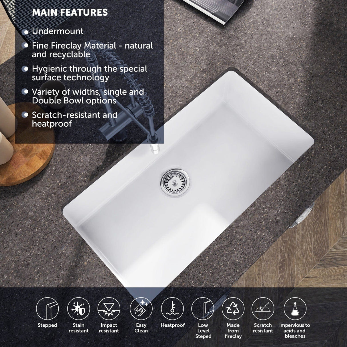 32" Fosco Fireclay Single-Bowl Undermount Sink