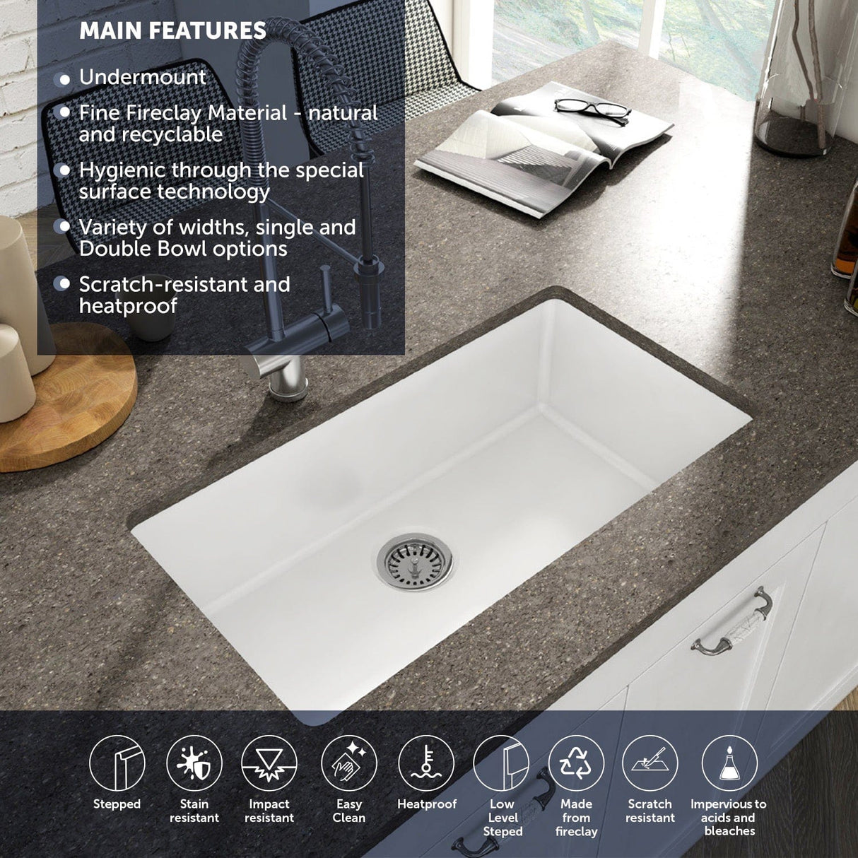 32" Fosco Fireclay Single-Bowl Undermount Sink