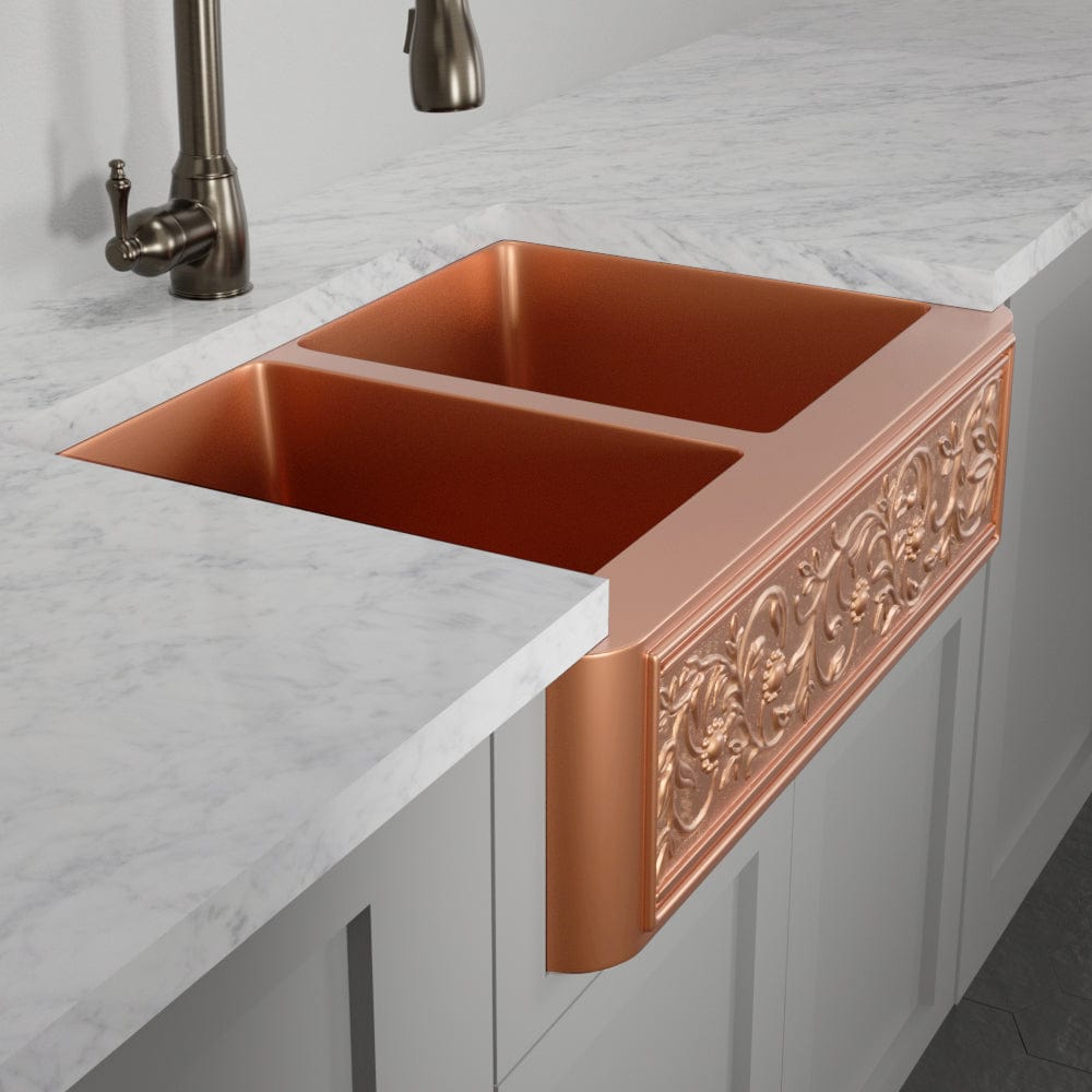33" Ashland Copper Vine Design 60/40 Offset Double-Bowl Farmhouse Sink