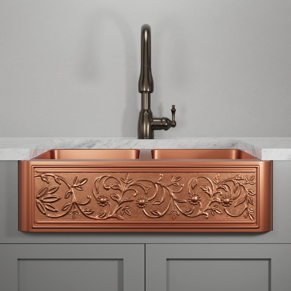 33" Ashland Copper Vine Design Double-Bowl Farmhouse Sink
