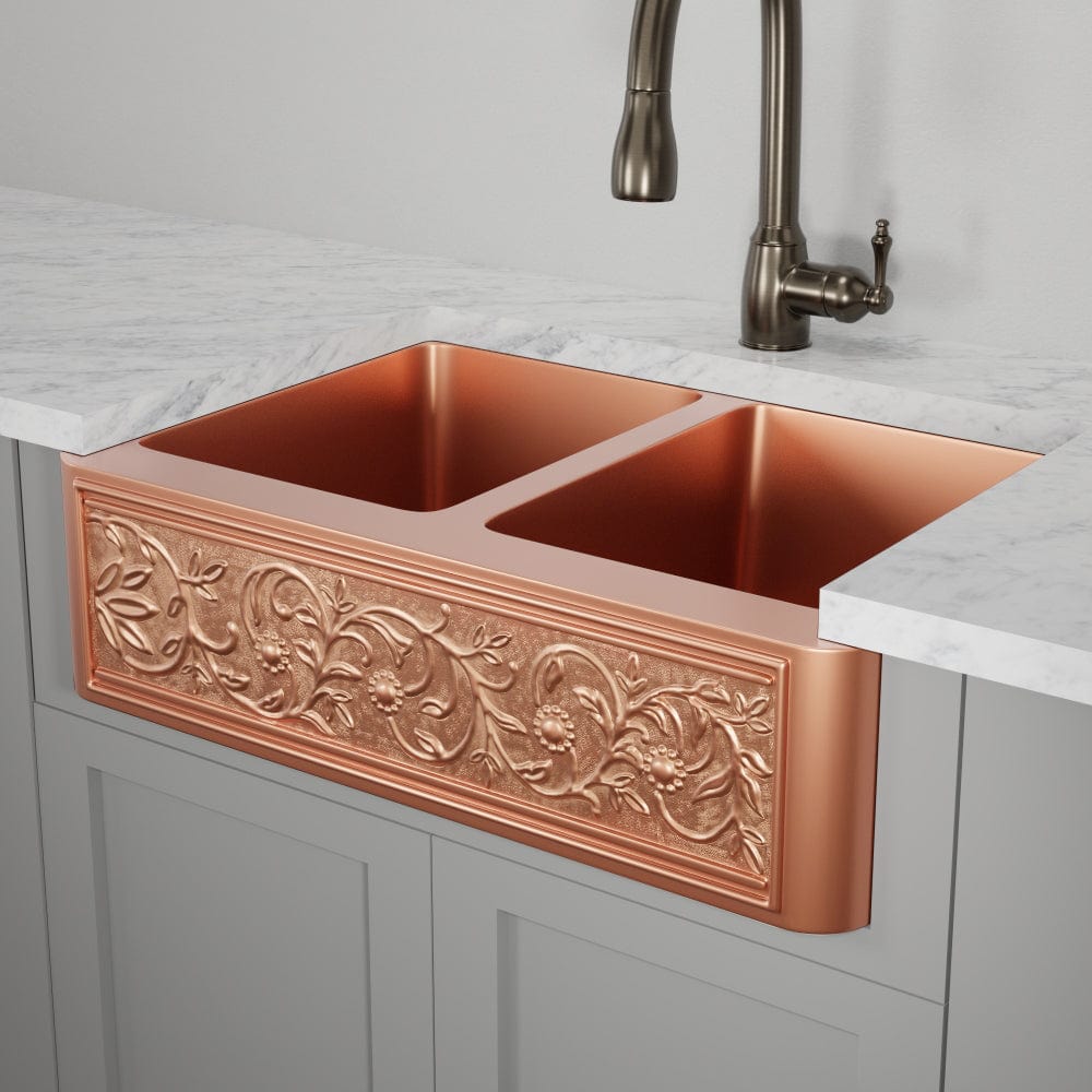 33" Ashland Copper Vine Design Double-Bowl Farmhouse Sink