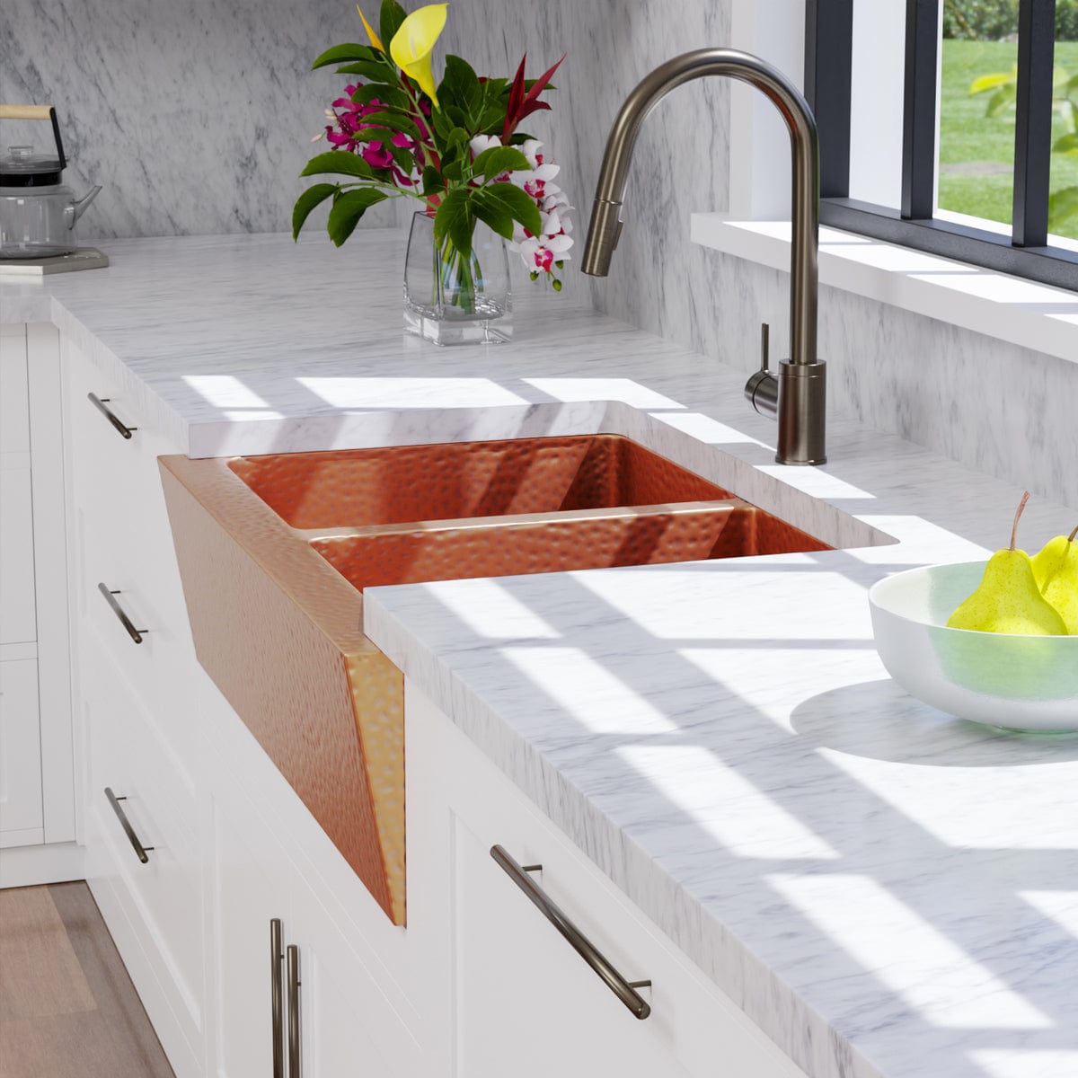 33" Atoka Hammered Copper Double-Bowl Farmhouse Sink