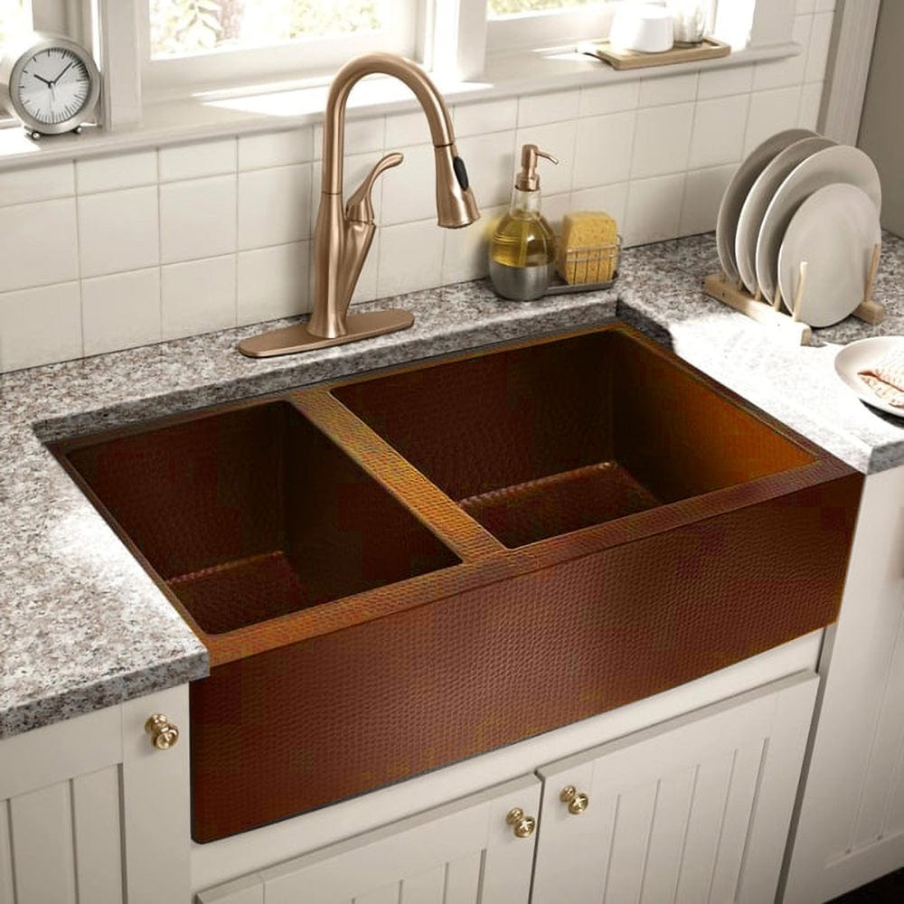 33" Elpsa Hammered Copper 60/40 Offset Double-Bowl Farmhouse Sink