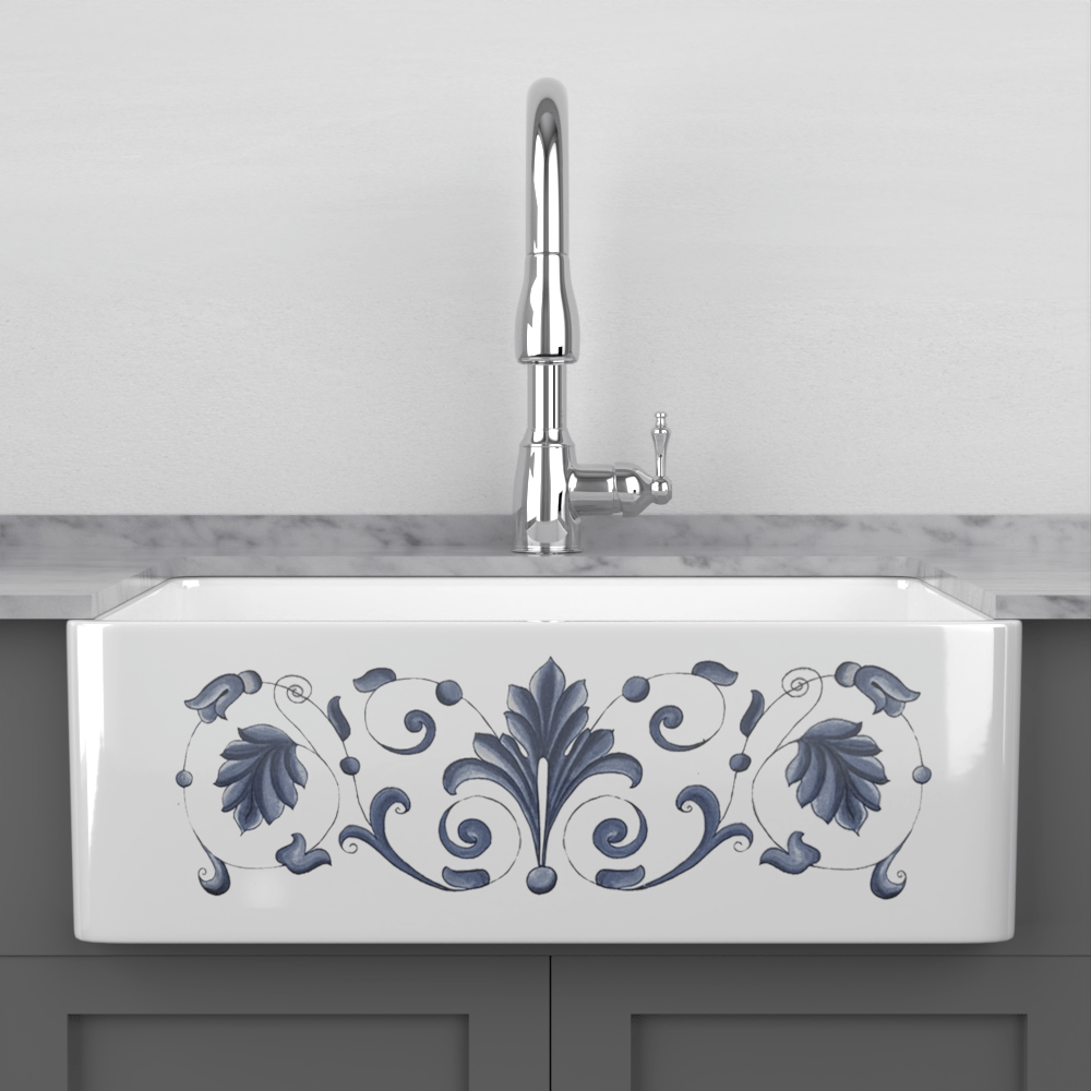 33" Furio Handcrafted Fireclay Single-Bowl Tuscany Motif Farmhouse B-Grade Sink - White