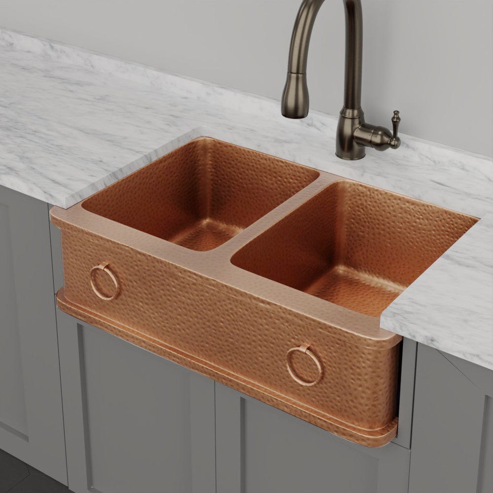 33" Galor Copper Double-Bowl Farmhouse Sink with Rings