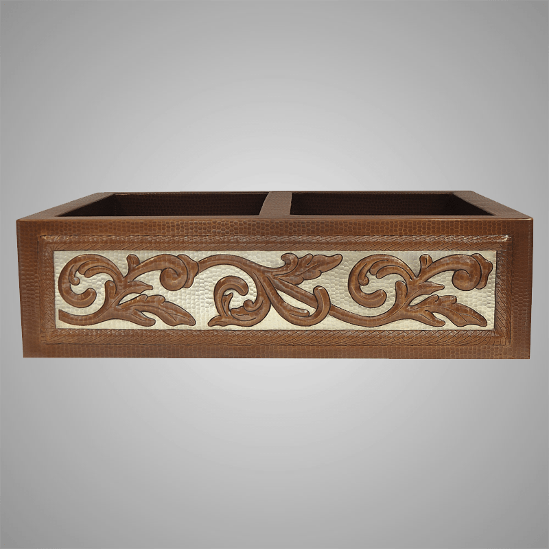33" Garken Hammered Copper Double-Bowl Farmhouse Sink - Silver Vine Apron Design