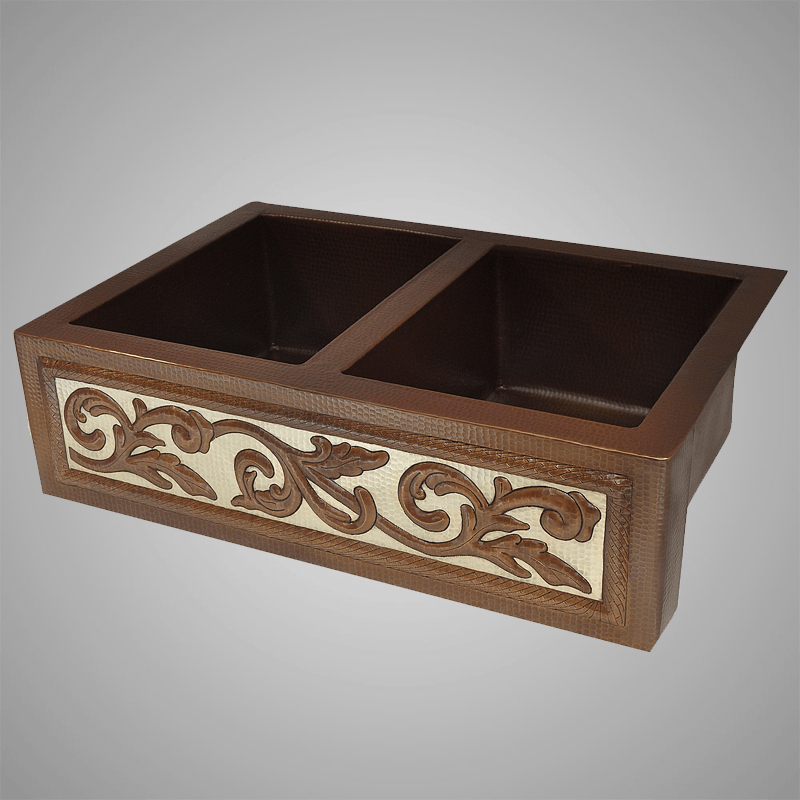 33" Garken Hammered Copper Double-Bowl Farmhouse Sink - Silver Vine Apron Design