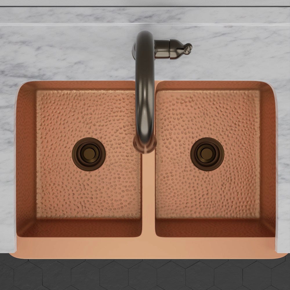 33" Geneva Smooth Copper Double-Bowl Farmhouse Sink with Hammered Interior
