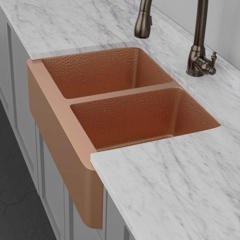 33" Geneva Smooth Copper Double-Bowl Farmhouse Sink with Hammered Interior