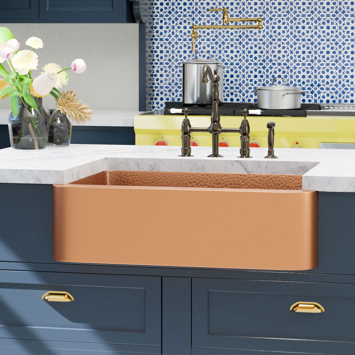 33" Geneva Smooth Copper Single-Bowl Farmhouse Sink with Hammered Interior