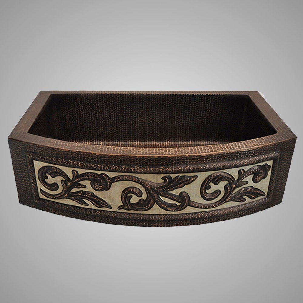 33" Gudencas Hammered Copper Single-Bowl Farmhouse Sink - Silver Vine Apron Design