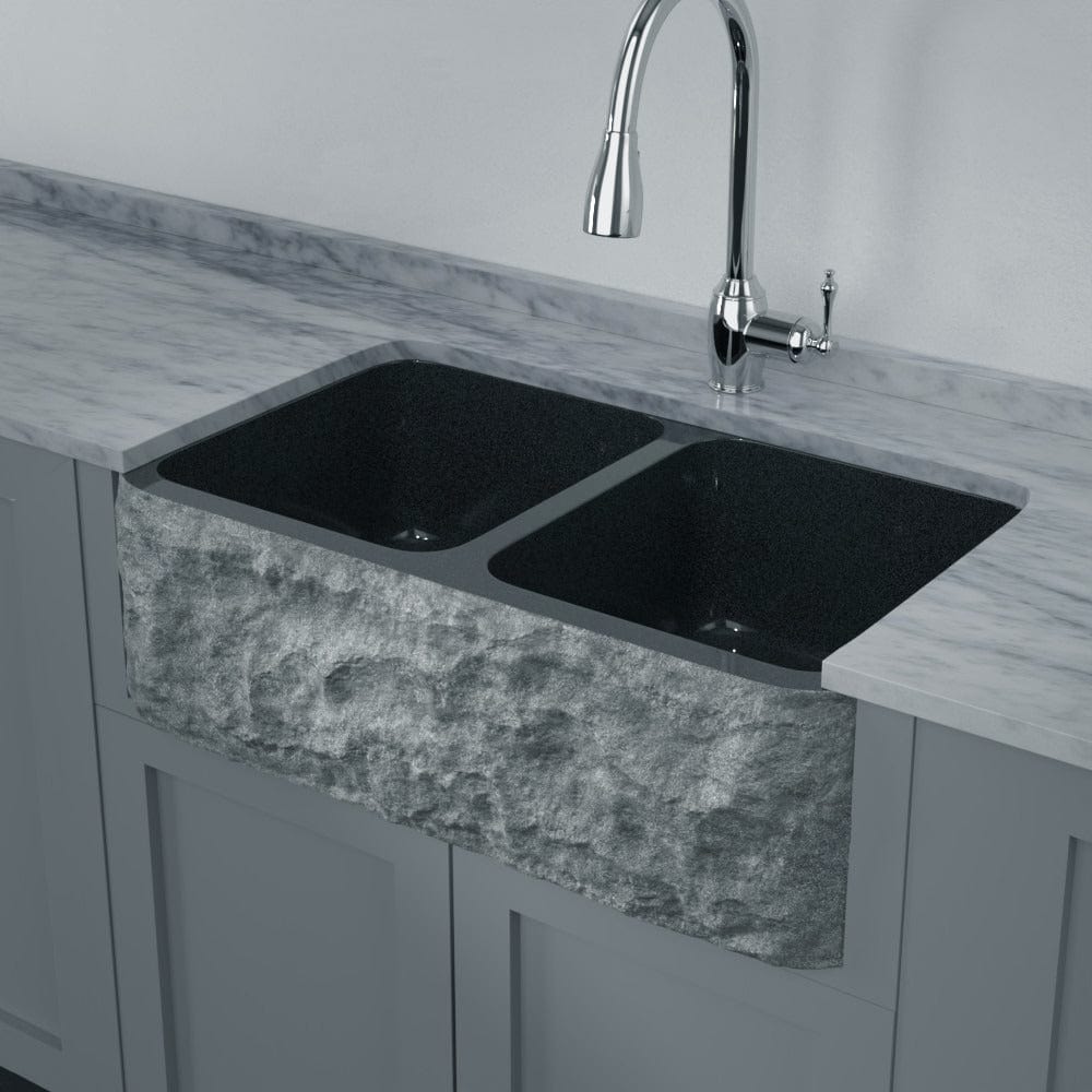 33" Kennesaw Polished Blue Gray Granite 50/50 Double-Bowl Farmhouse Sink - Chiseled Apron