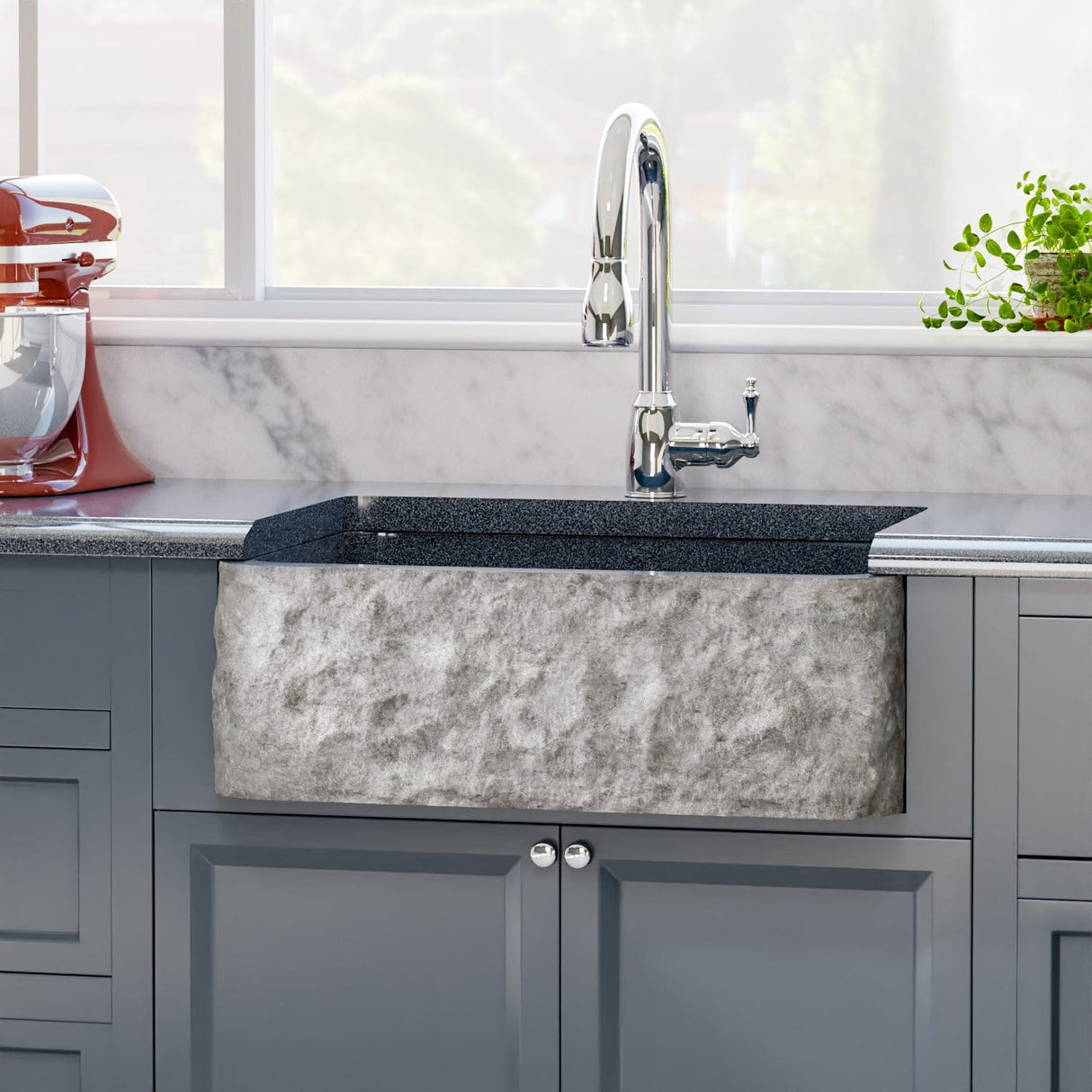 33" Kennesaw Polished Blue Gray Granite Single-Bowl Farmhouse Sink - Chiseled Apron