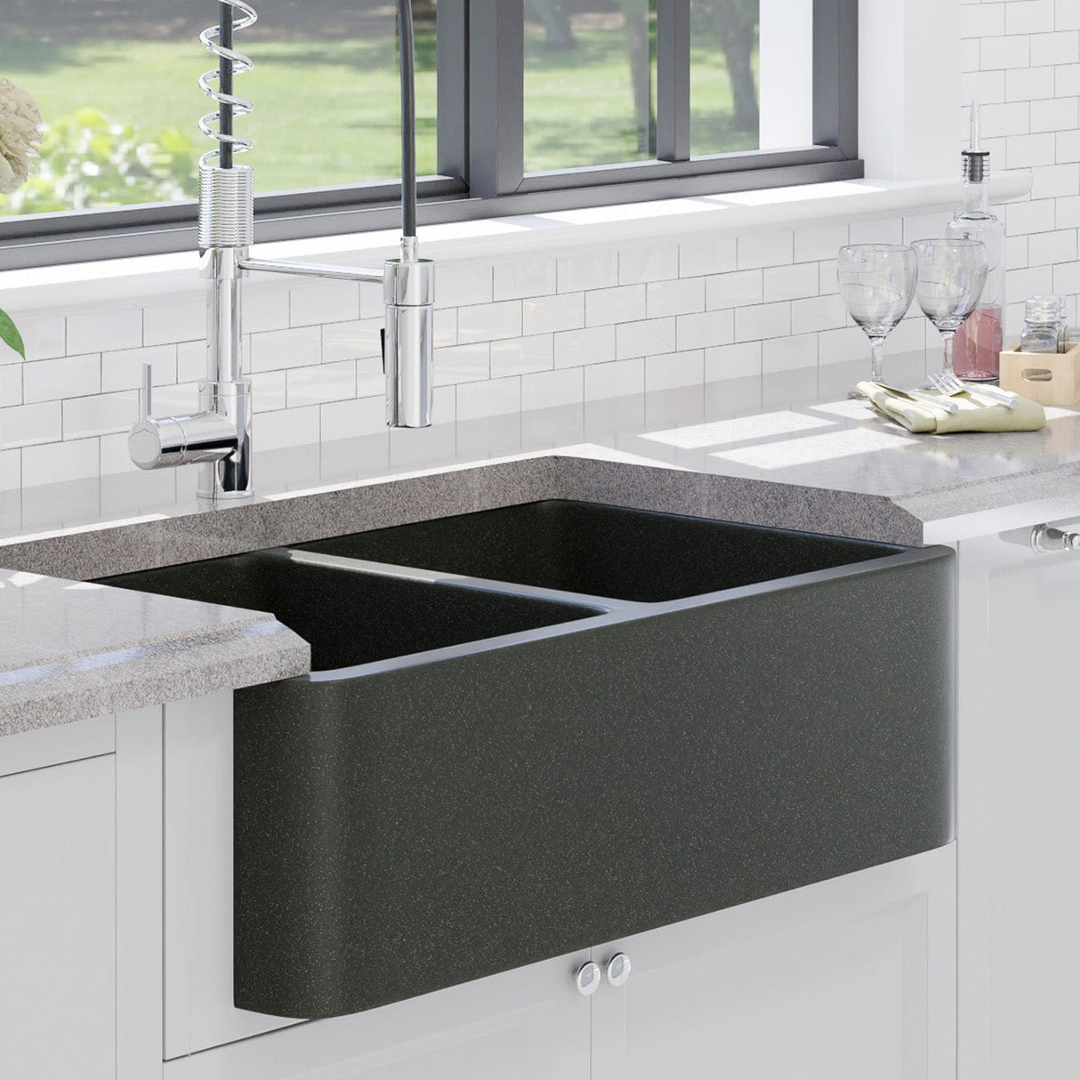 33" Mableton Smooth Polished Black Granite Double-Bowl Farmhouse Sink