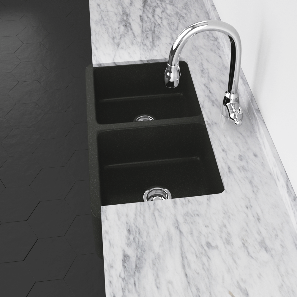 33" Mableton Smooth Polished Black Granite Double-Bowl Farmhouse Sink