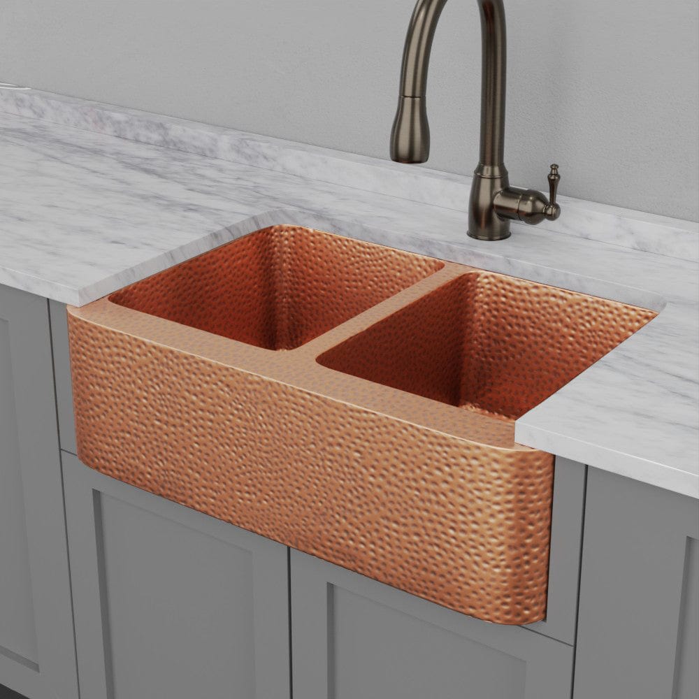 33" Sinclair Hammered Copper Double-Bowl Farmhouse Sink