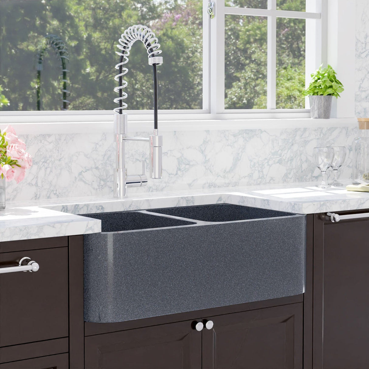 33" Smyrna Smooth Polished Blue Gray Granite 50/50 Double-Bowl Farmhouse Sink