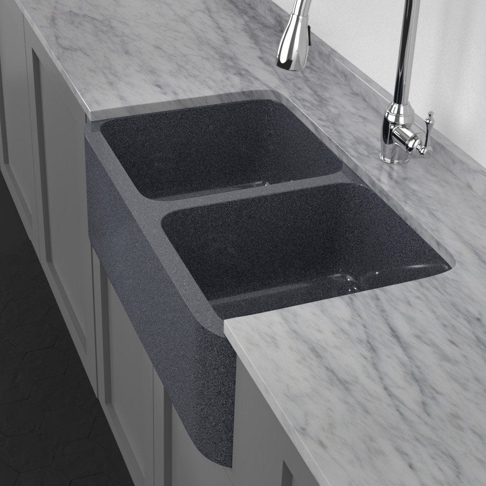 33" Smyrna Smooth Polished Blue Gray Granite 50/50 Double-Bowl Farmhouse Sink