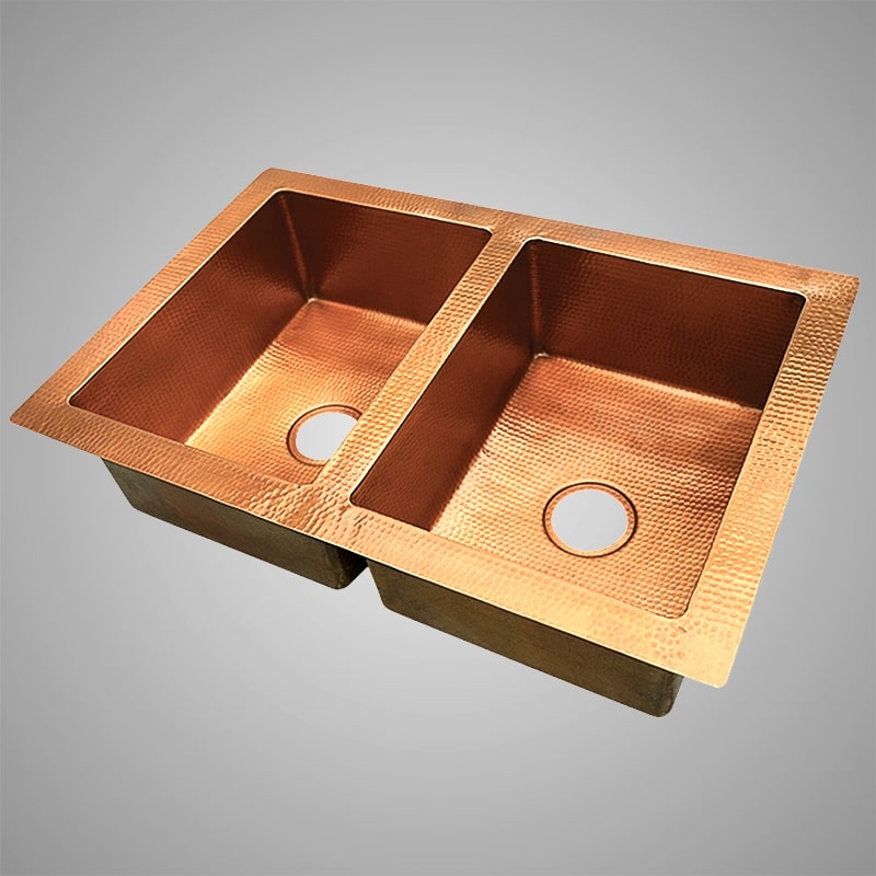 33" Sonora Hammered Copper 50/50 Offset Double-Bowl Drop-In Kitchen Sink