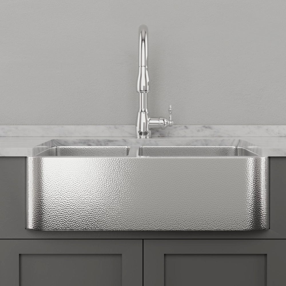 33" Talbert 60/40 Double-Bowl Stainless Steel Farmhouse Sink - Polished Hammered Steel