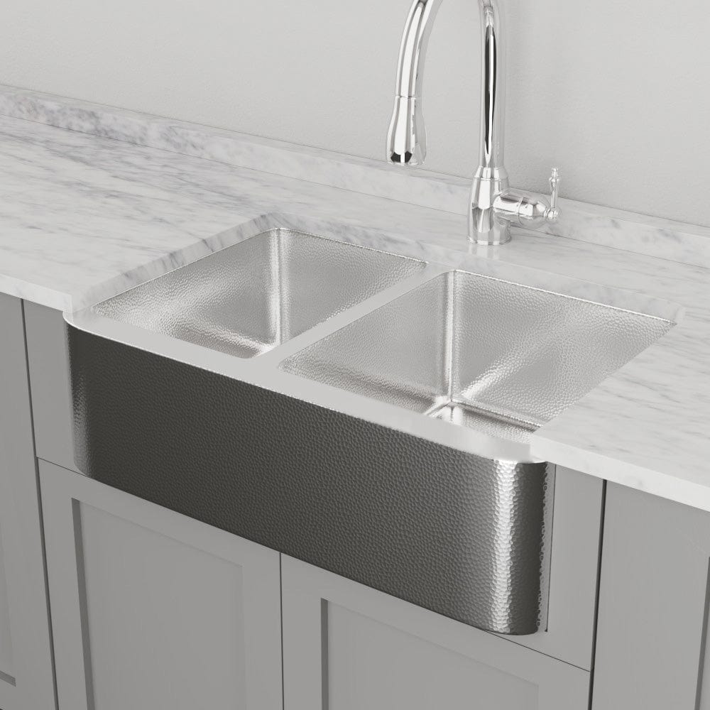 33" Talbert 60/40 Double-Bowl Stainless Steel Farmhouse Sink - Polished Hammered Steel