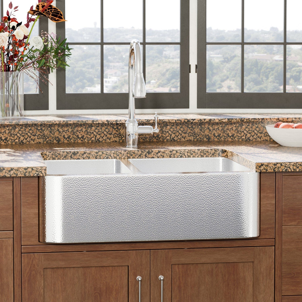 33" Talbert 60/40 Double-Bowl Stainless Steel Farmhouse Sink - Polished Hammered Steel