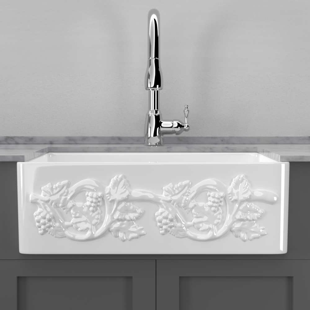 33" Ulan Handcrafted Fireclay Single-Bowl Vine Apron Farmhouse B-Grade Sink - White
