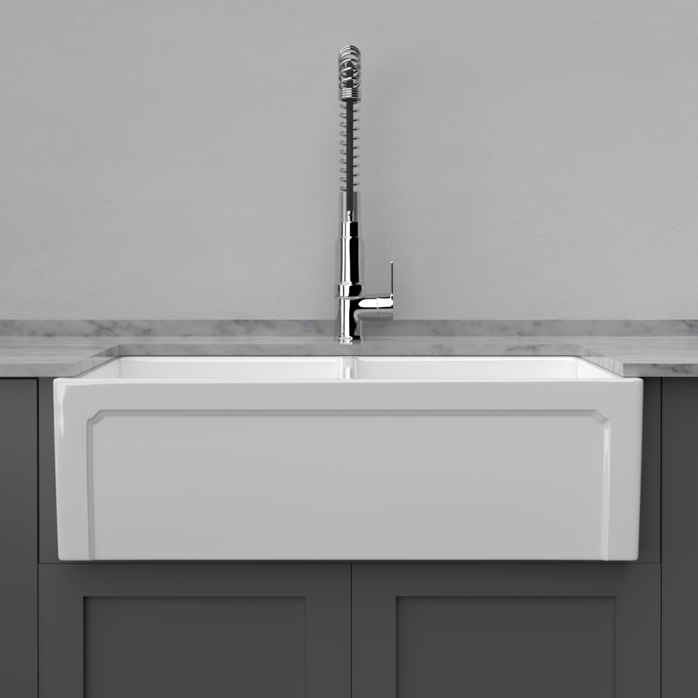 33" Umber Handcrafted Fireclay Double-Bowl Framed Apron Farmhouse Sink - White